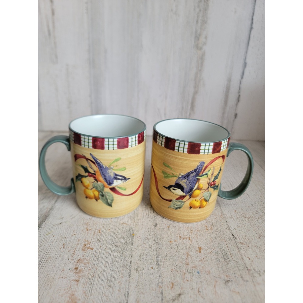 Lenox winter greetings nuthatch Xmas mug cup set mistletoe bird kitchen home